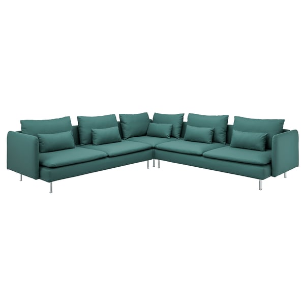 Modern teal sectional sofa with angular design, chrome legs, and loose cushions.