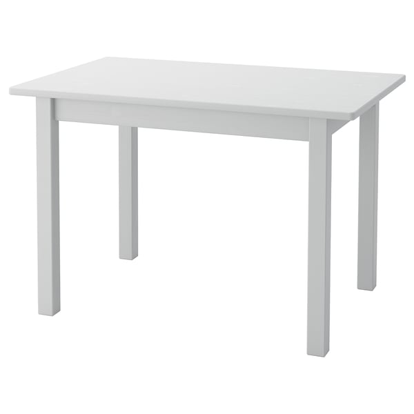A white SUNDVIK childrens table, rectangular with thick legs, made of pine and clear acrylic lacquer.