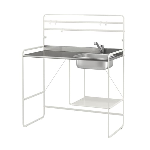 SUNNERSTA mini kitchen: white metal frame, stainless steel sink, adjustable feet.