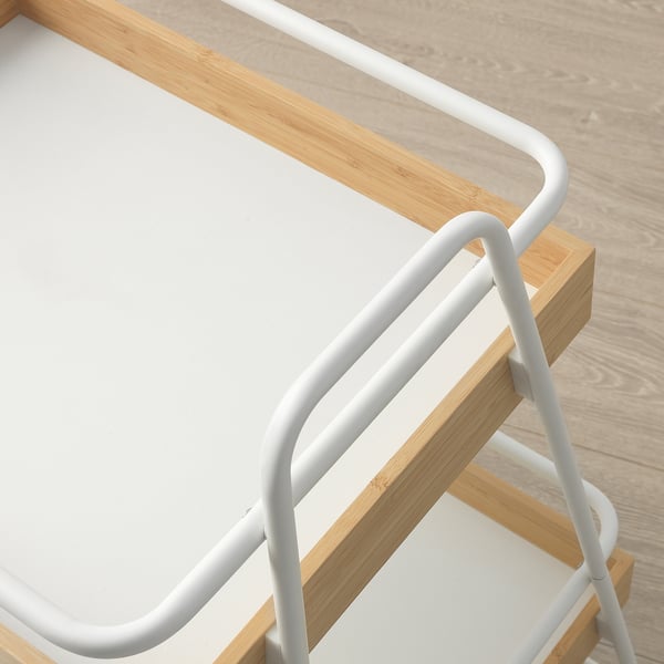Modern bamboo trolley with white metal frame; sturdy, flat-packed, high edges.