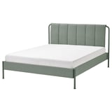 Modern TÄLLÅSEN bed, grey-green, metal and fabric, clean lines, upholstered headboard.