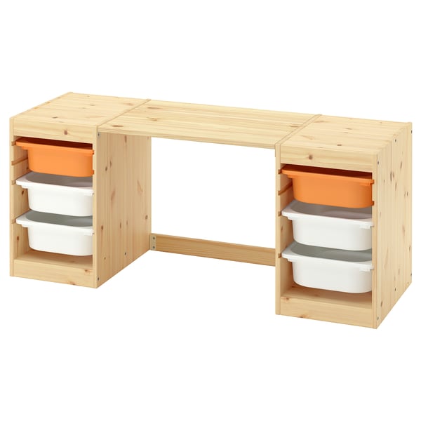 TROFAST Desk with storage boxes, light white stained pine/light orange white, 124x44x53 cm
