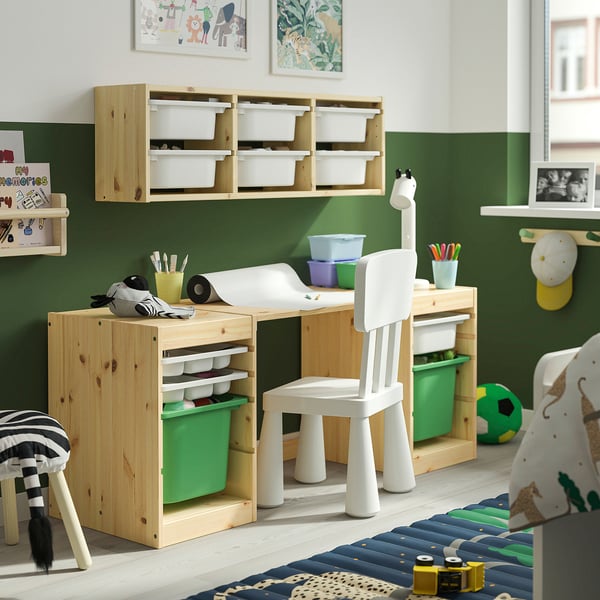 TROFAST Desk with storage boxes/trays, light white stained pine/white bright green, 124x44x53 cm