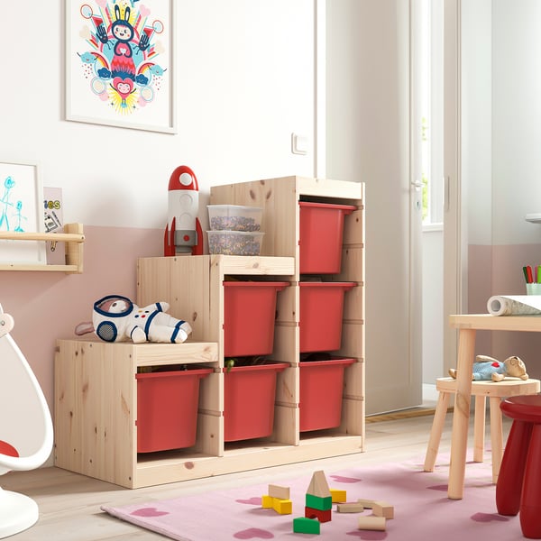 TROFAST storage, red, wooden frame & bins, kids room, organised, multiple shelves, height suitable for kids.