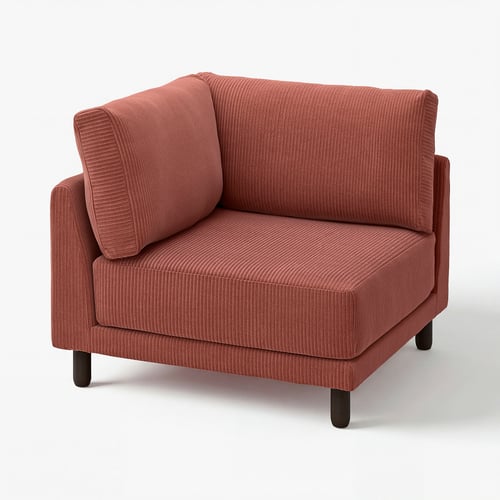 Comfortable UPPÅKRA corner sofa in red-orange, featuring textured fabric, dark wood legs, and a cosy, cushioned design.