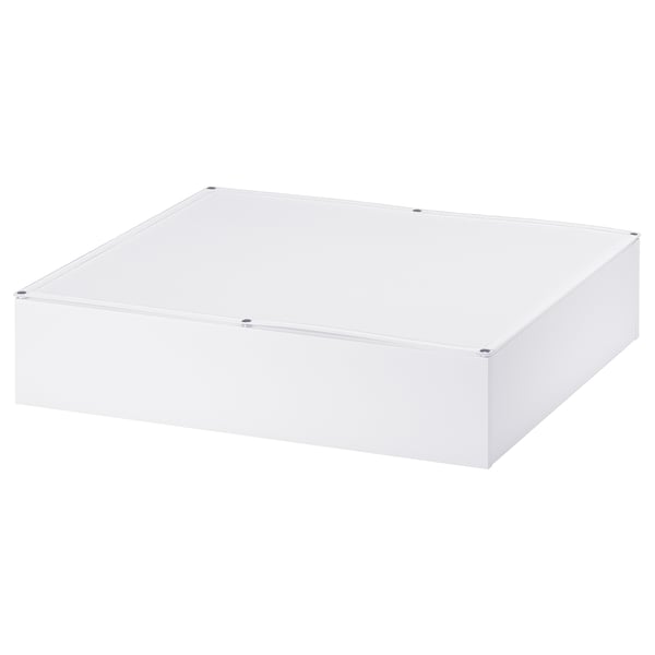 White VARDÖ storage box, rectangular shape with fabric lid, castors for easy movement.
