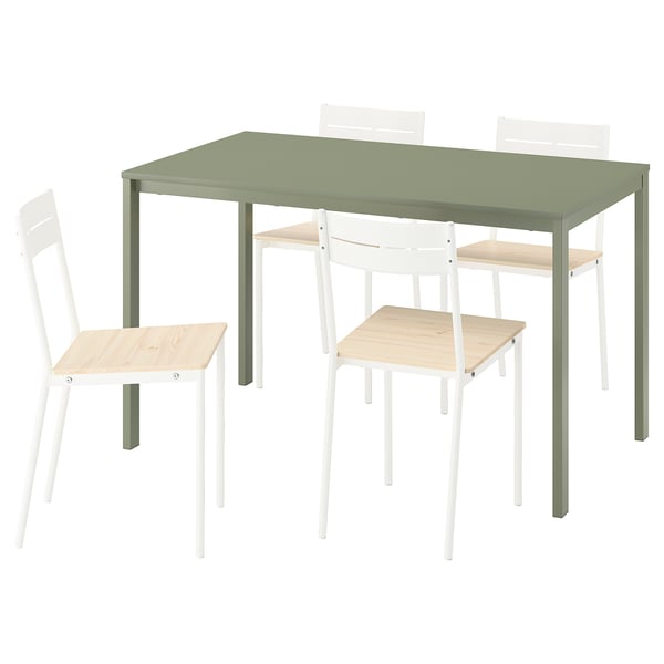Green VIHALS dining set with rectangular table and metal-legged chairs.