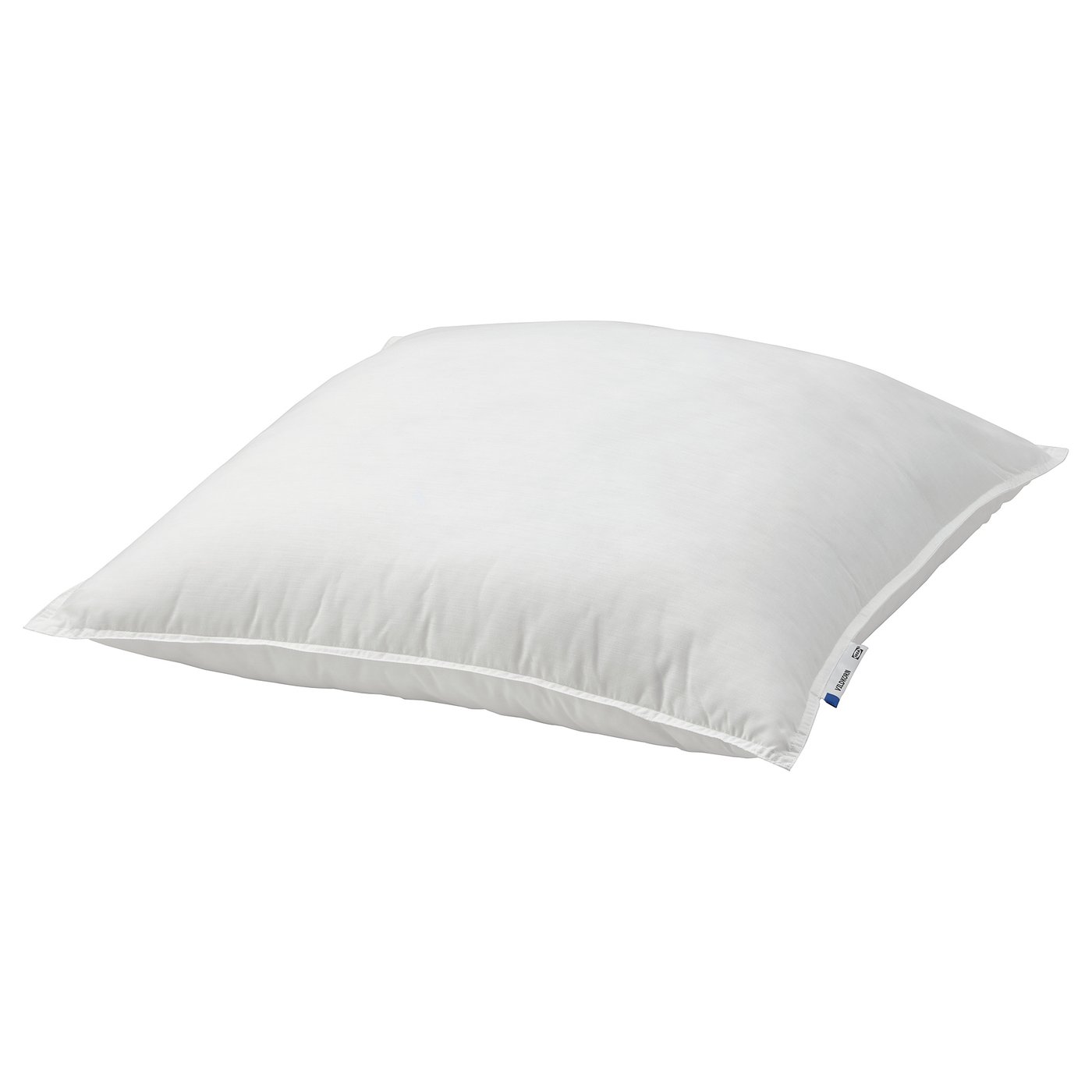 White VILDKORN pillow, recycled polyester filling, cotton-polyester cover, square shape, high support for back or side sleepers.
