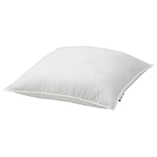 White VILDKORN pillow, recycled polyester filling, cotton-polyester cover, square shape, high support for back or side sleepers.
