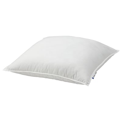 White VILDKORN pillow, recycled polyester filling, cotton-polyester cover, square shape, high support for back or side sleepers.