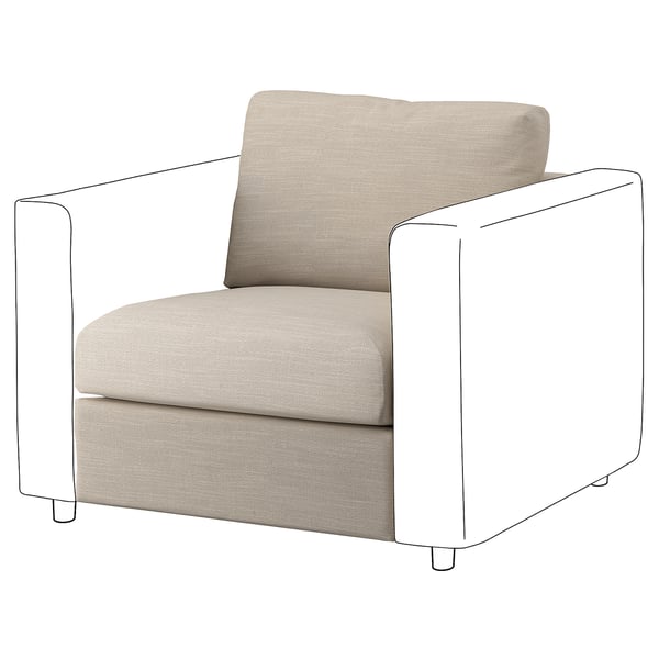 An ikea VIMLE beige armchair with a patterned fabric, square shape, and wooden legs. Its a comfortable, modern piece for living spaces.