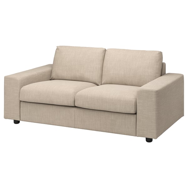 VIMLE sofa, beige, fabric, modern design, two cushions, rectangle shape.
