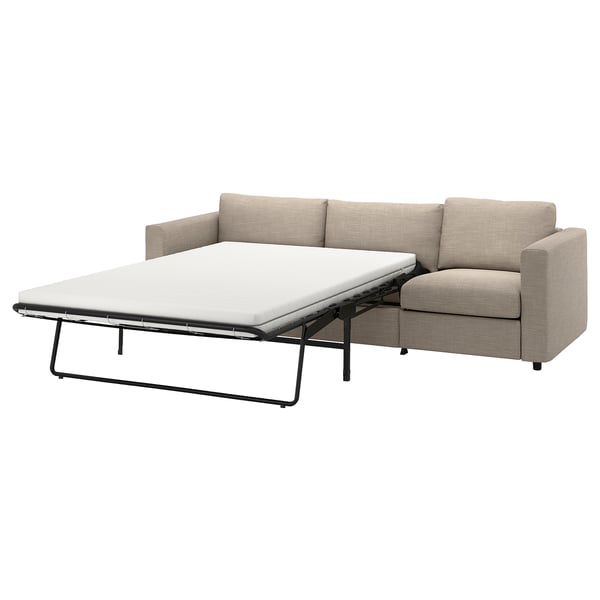 The VIMLE sofa in beige is versatile with a transforming bed section, cushioned for comfort and easy to clean.