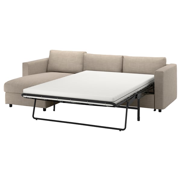 VIMLE sofa-bed, beige, upholstered, l-shape, convertible with thick mattress.
