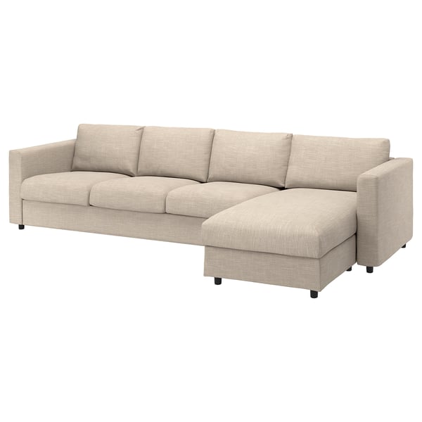 Moderna beige l-shaped sectional sofa w/ storage, upholstered in cotton & polyester.