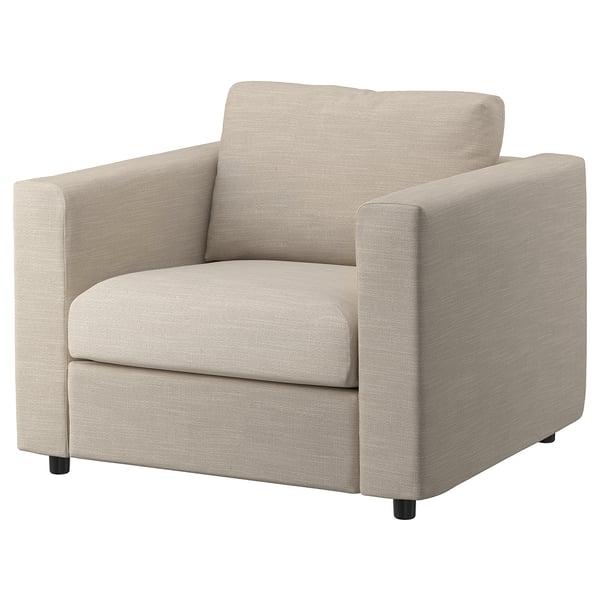 VIMLE armchair, beige, fabric, boxy design, four legs, neutral tones.