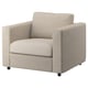 VIMLE armchair, beige, fabric, boxy design, four legs, neutral tones.