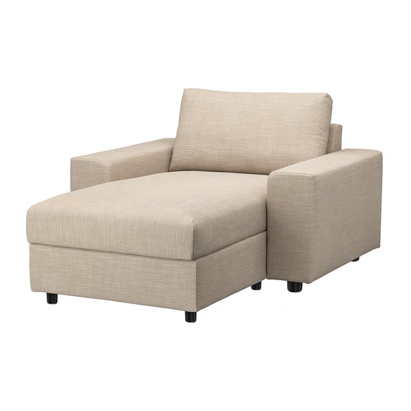 Modern beige VIMLE chaise lounge. Beige woven cotton blend. Storage underneath, armrests on one side, backrest support.