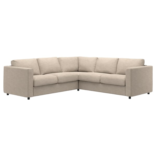 A VIMLE sectional sofa. Its beige, has a sleek modern design, and is covered in a removable, machine-washable fabric blend.