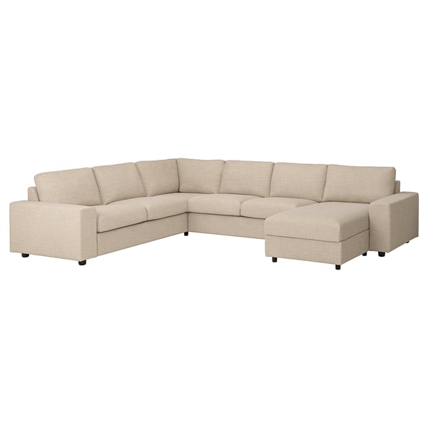 VIMLE sectional sofa: beige, large l-shape, soft fabric with wooden legs.