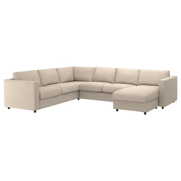 Beige VIMLE sectional sofa with chaise, plush cushions, dark wood legs.