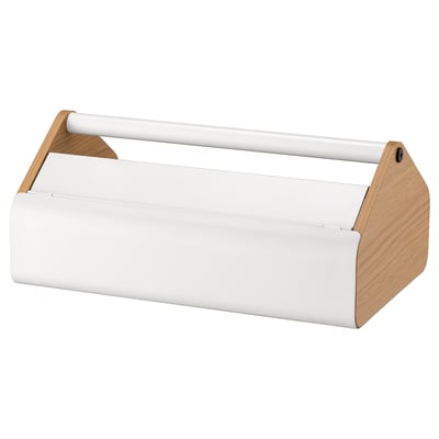 A white YXSTABY storage box with a wooden handle and sides, rectangular in shape and simple in design.