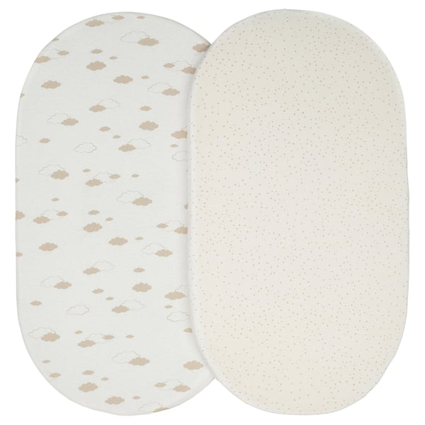 Two oval pillows, one with light cloud print, one with dot texture, beige and white colours, 100% cotton.