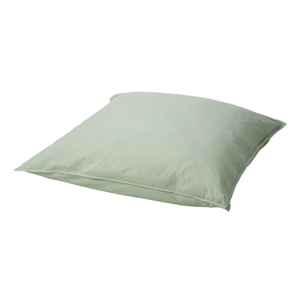 A light green, square-shaped pillowcase made of recycled cotton, featuring a simple and soft design.