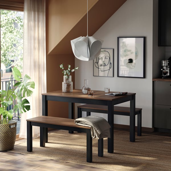 ÅLHULT dining set with bench, sliding under table, dark brown, modern light.