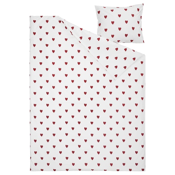 BARNDRÖM Duvet cover and pillowcase, white red/heart pattern flannel, 150x200/50x60 cm