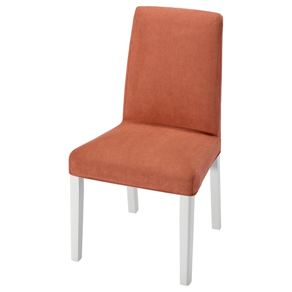 A red chair named BERGMUND with a sleek design, padded seat and back, supported by four white legs.