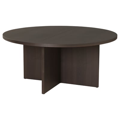 A BERGSHYTTAN dining table. Its round, black, made of wood veneer, and a simple, modern design with adjustable feet.