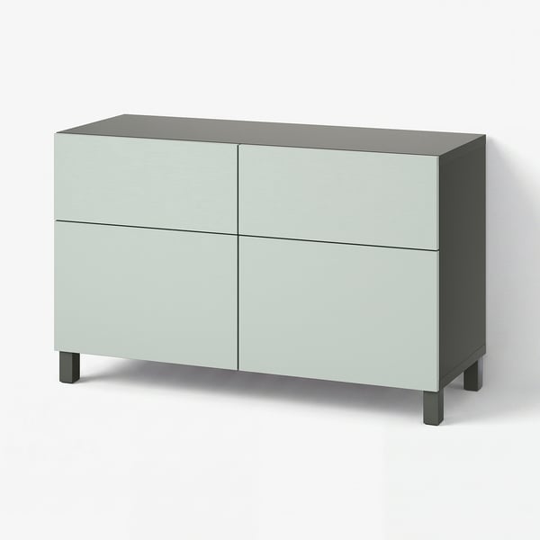 BESTÅ Storage combination w doors/drawers, dark grey/Hjortviken/Stubbarp pale grey-green, 120x42x74 cm
