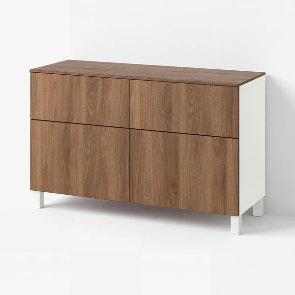 BESTÅ Storage combination w doors/drawers, white Lappviken/Stubbarp/brown walnut effect, 120x42x75 cm
