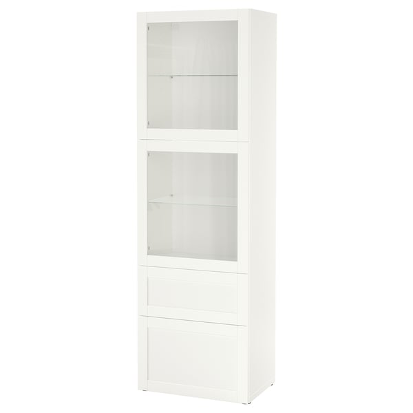 White BESTÅ cabinet with glass doors and drawers, sleek design for storage and display.