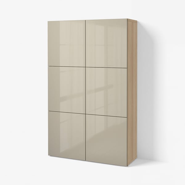 BESTÅ Storage combination with doors, white stained oak effect/Selsviken high-gloss/beige, 120x42x193 cm