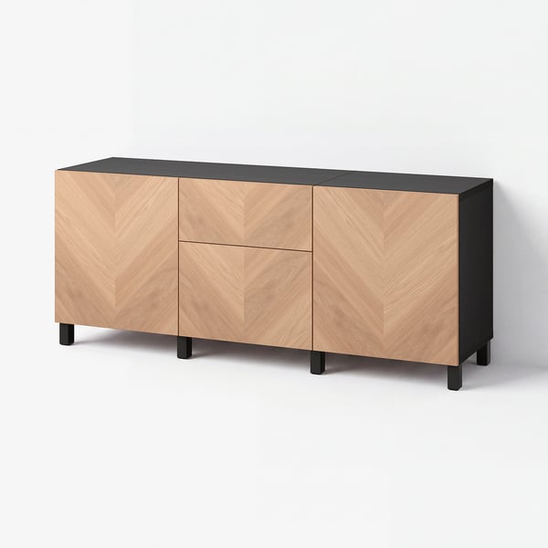 BESTÅ Storage combination with drawers, black-brown/Hedeviken/Stubbarp oak veneer, 180x42x74 cm