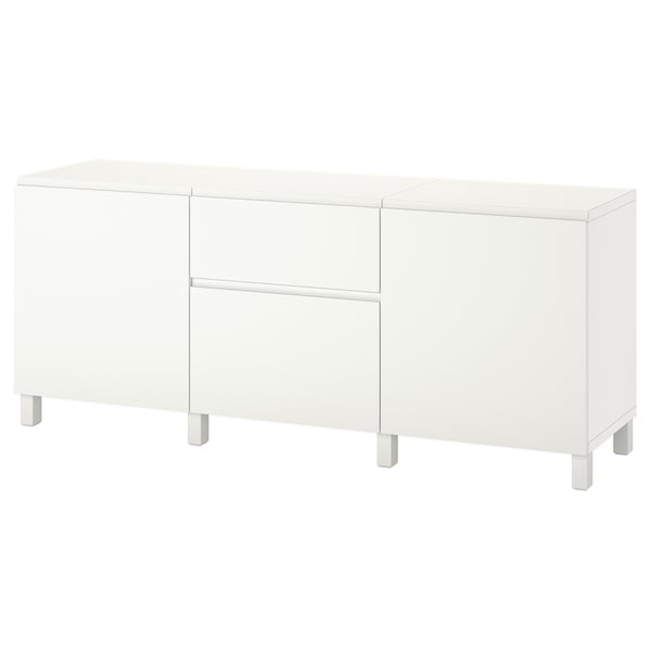 White BESTÅ sideboard, modern clean design, three sections, two doors, two drawers, adjustable shelves, metal legs.