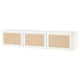 A white BESTÅ tv bench with woven panels. It offers storage with adjustable shelves and cable management.
