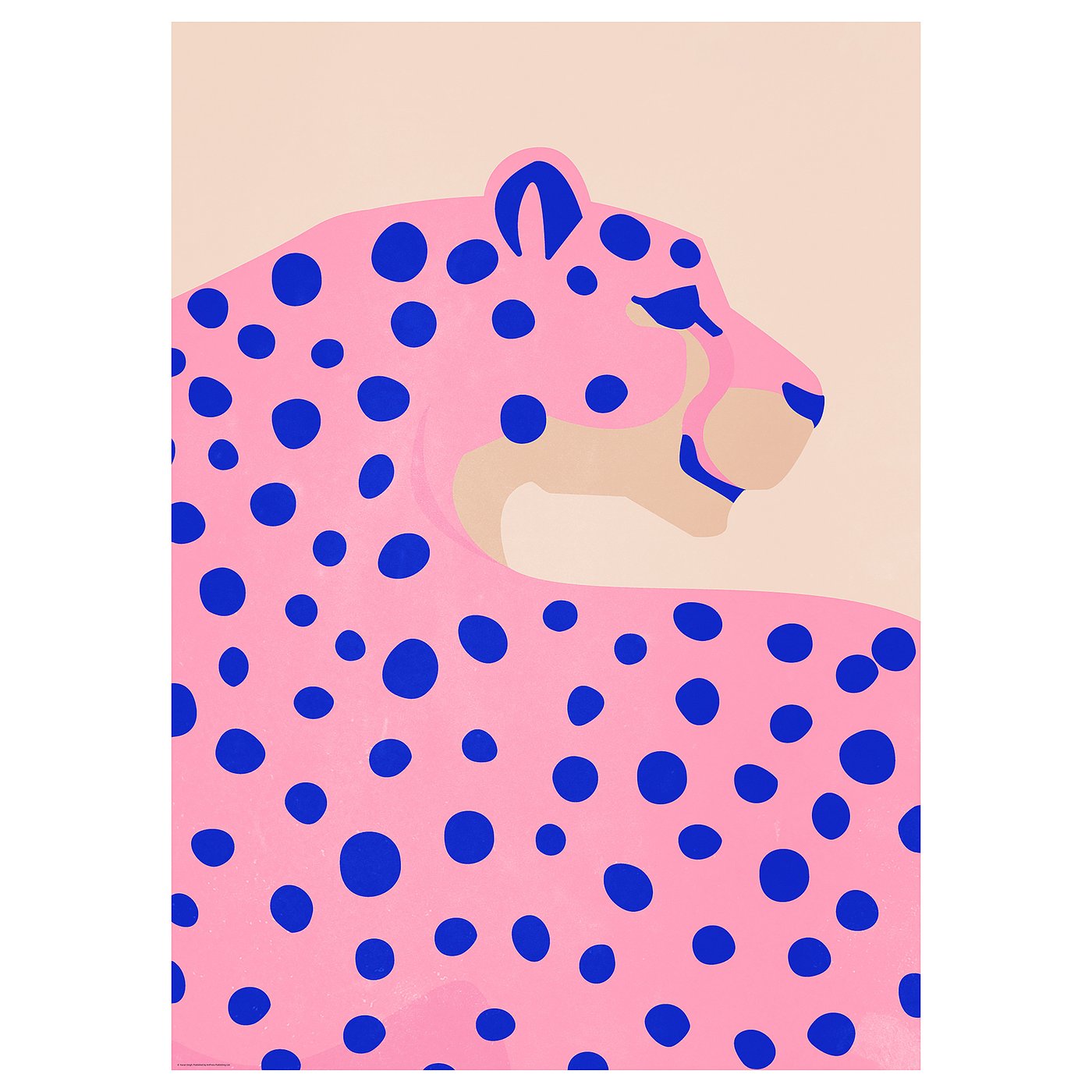 Abstract pink leopard print artwork with blue spots, simple cat shape with beige face.