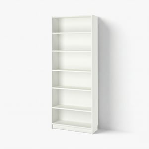 A white BILLY bookcase, rectangular, six-shelf, empty, clean, minimalist design.