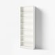 Empty white BILLY bookcase standing against a white wall. Six adjustable shelves, simple design.