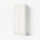 White BILLY bookcase, tall, rectangular, four doors, panels.