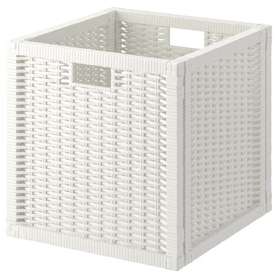 White BRANÄS wicker basket, square shape, handwoven design, fits kallax shelves, sturdy with handles.