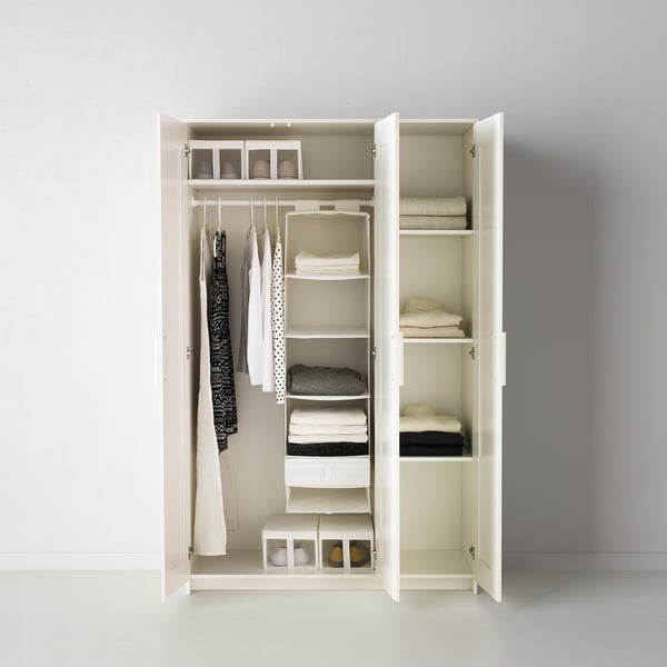 A white wardrobe with mirror door, featuring shelves, hanging rails, and organised clothes and accessories.