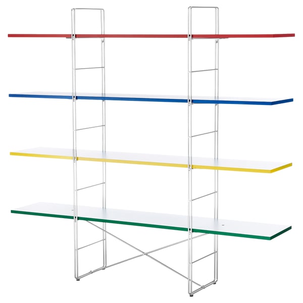 BYAKORRE multi-color shelf unit, modern design, adjustable metal feet, clear glass shelves, vibrant edges.