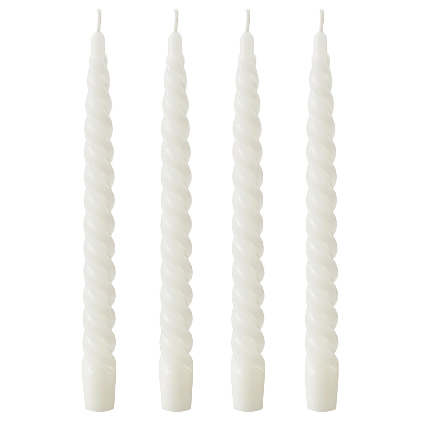 Four white spiral candles arranged in a vertical line. Made from paraffin and plant-based wax, with 100% cotton wicks.