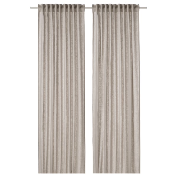 DYTÅG curtains, beige. Linen, semi-sheer, rod-pocket, vertical stripes.