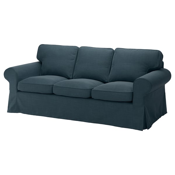 Blue EKTORP 3-seat sofa, deep cushions, rolled arms, removable washable cover.