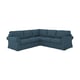 Blue corner sectional sofa with thick cushions, modern design, upholstered in cotton blend.